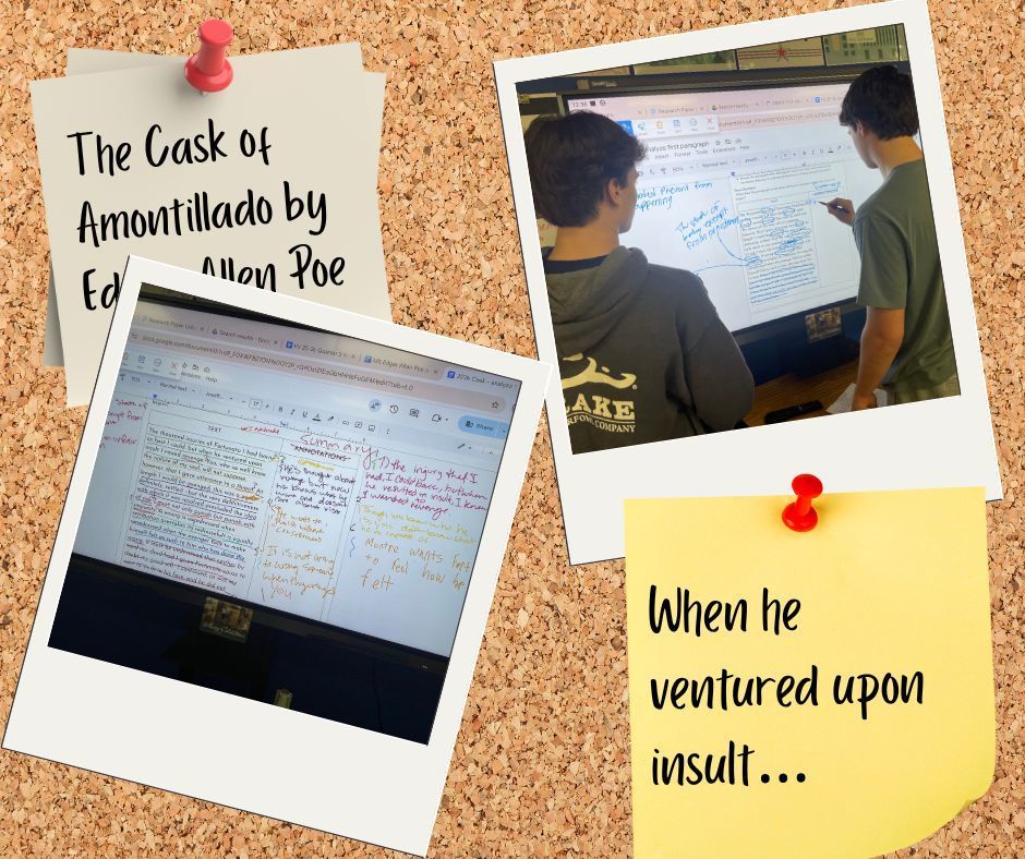 Mrs. Vinson's junior ELA classes took charge, transforming the whiteboard into a map of Montresor’s motives. 🧠📌🍷 There is nothing better than watching a class lead their own analysis and take total command of a complex text. 📚✨ #StudentLedLearning #ELAClassroom #LiteraryAnalysis #EdgarAllanPoe