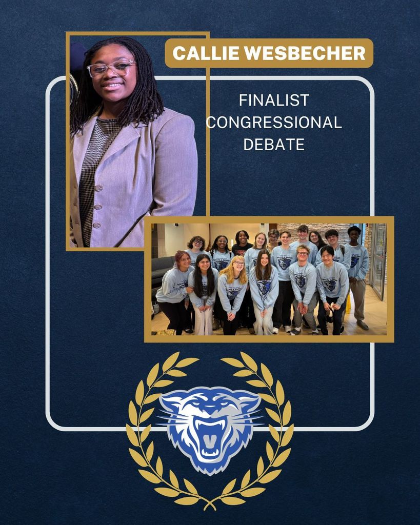 Callie Wesbecher Finalist congressional debate. Image of student and a second image of a group of students.