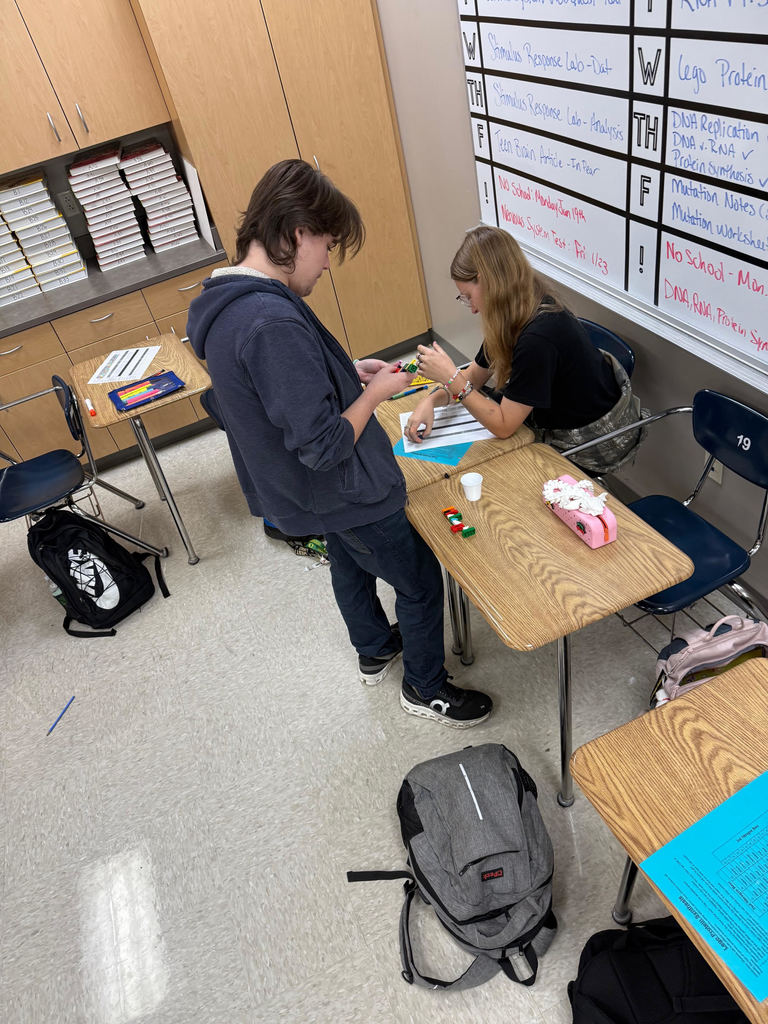 Ms. Branscum’s Advanced Biology classes used LEGO® proteins built from specific DNA sequences to model protein synthesis—the process cells use to make the proteins essential for life. Students also explored how DNA mutations can change proteins, resulting in effects that may be harmful, neutral, or even beneficial. Science in action!