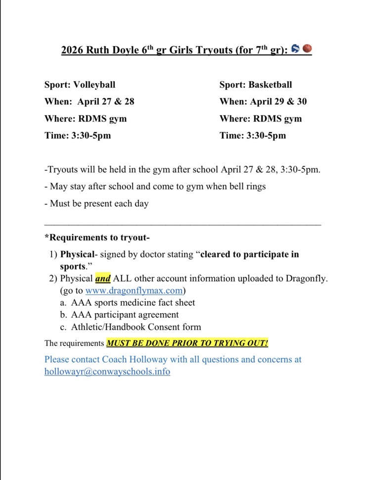 Volleyball & Basketball Tryout information for 6th grade Girls.  Contact Coach Holloway with questions. 