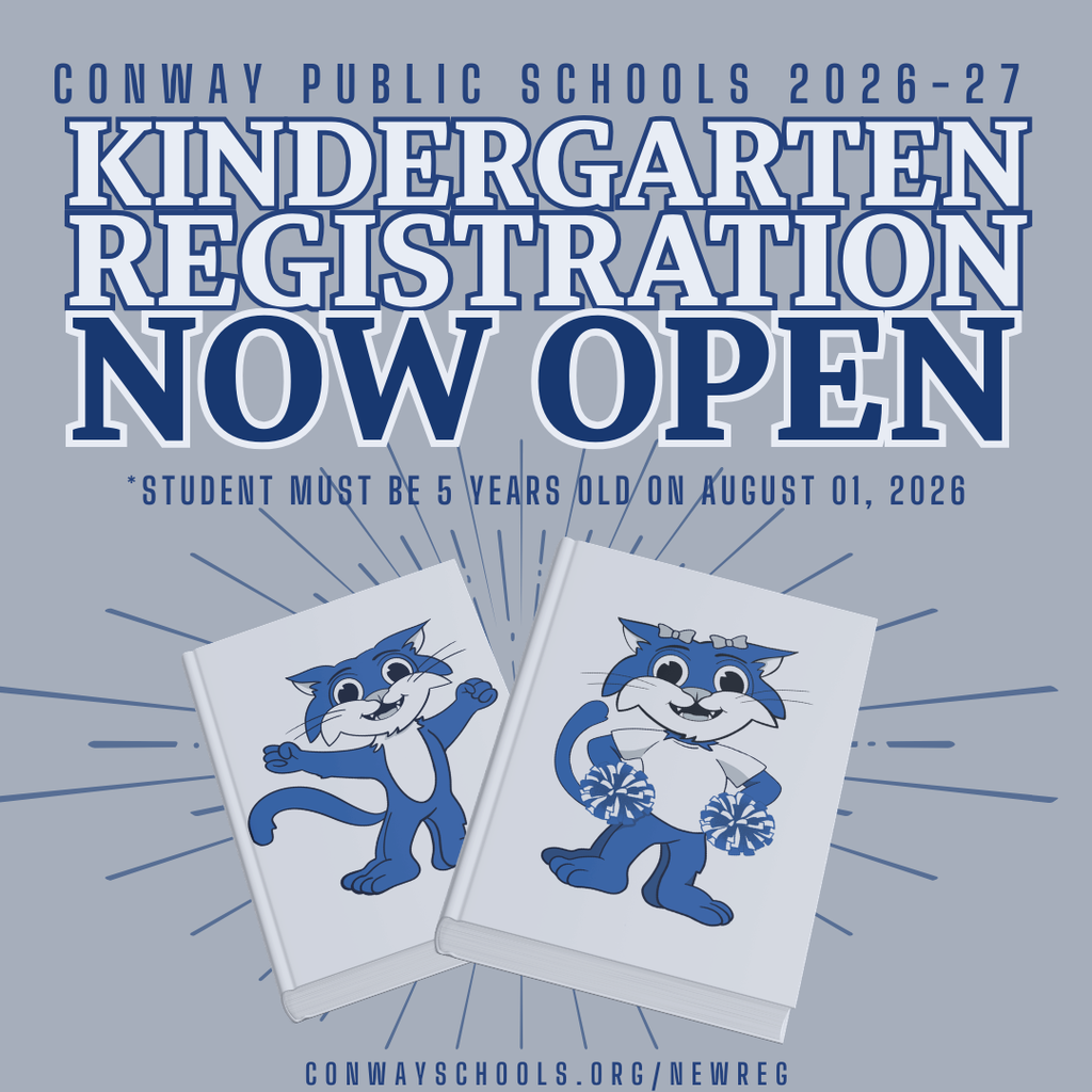 Our favorite story is about to begin! 📖✨ It’s time to start a new chapter for your little learner! Kindergarten registration for the 2026-27 school year is officially OPEN. We can’t wait to see the Class of 2039 write their own success stories at Conway Public Schools.  Plot Details: 🎂 Age Check: Students must be 5 by August 1, 2026. 💻 The Setting: Register online at conwayschools.org/newreg. 🗓️ A Date to Remember: School buildings will begin processing your child’s "story" (registration) starting March 2nd.  Help us get the word out! Share this post or tag a friend who has a future Wampus Cat ready to start their first big adventure. 🐾📚