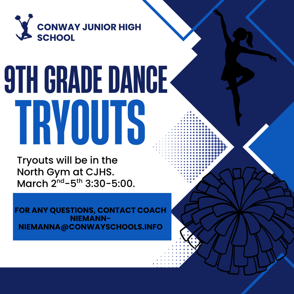 9th grade dance tryouts will be March 2nd-5th 3:30-5:00 in the North Gym at CJHS. An updated physical and participation form will be required to tryout. Forms are due to Coach Niemann by February 27th.