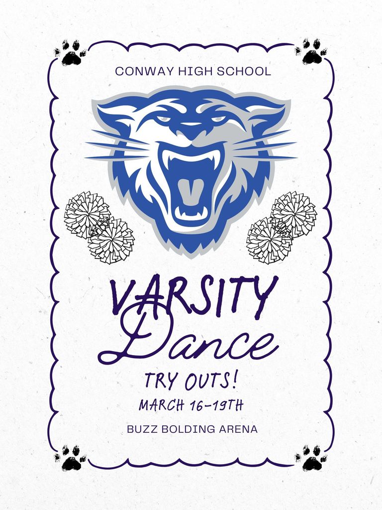 💃 Conway High School Varsity Dance Tryouts 🐾  Wampus Cats, are you ready to take the floor? Varsity Dance Tryouts will be held March 16–19 at 4:00 PM at Buzz Bolding Arena!  Athletes must have: ✔️ An up-to-date physical ✔️ A completed tryout packet  All required forms must be submitted through Dragonfly by March 13. Be sure to check the link for additional details and paperwork information.  We can’t wait to see our future Wampus Cat dancers shine! ✨  #WampusCats #CHSDance