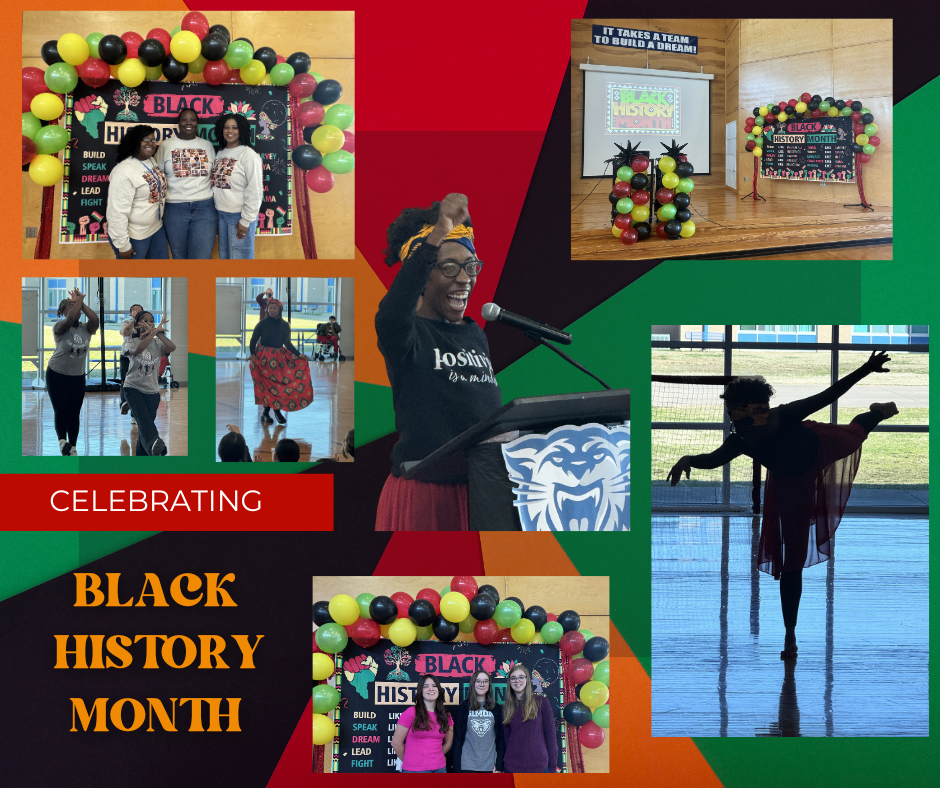 Black History month assembly. Ms Kelly, Mrs Solis and Mrs Easterwood standing in front of the balloons.  Guest speaker speaking and performing her dance.  The step team performing their routine.  Mrs. Hammons  posing in the fashion show.  Winners of the essay contest standing in front of the balloons.