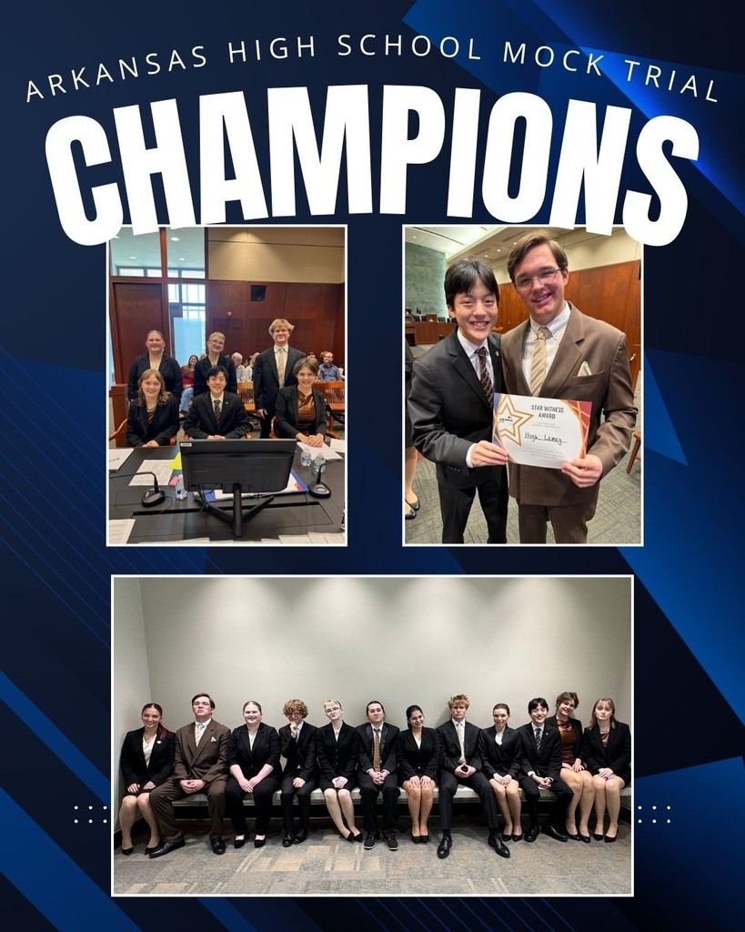 Congratulations to the Conway High School Mock Trial team for winning the 2026 Arkansas High School Mock Trial State Tournament!!! The tournament, sponsored by the Arkansas Bar Association, was held February 27-28, 2026, in Little Rock at the Richard Sheppard Arnold United States Courthouse. Mock trial is an academic and competitive simulation of a trial-level court proceeding, where students act as attorneys and witnesses to argue a fictional criminal or civil case. Teams analyze a provided case packet, develop legal theories, and follow simplified rules of evidence to compete in courtrooms.Twenty-one teams from across Arkansas gathered to try the civil case of Justice Miller v. Jace Talent Agency.   The team competed in four preliminary rounds against Parkview, Bentonville West, Des Arc, and then the final round against Little Rock Central High School. Conway was the only team to go undefeated, with no dropped ballots. The team also earned Star Attorney & Star Witness awards. Out of over 100 attorneys, the tournament awards the top 7 attorneys in the 4 prelim rounds. Katharine Welky and Addison Choate were named Star Attorneys. This is the 2nd year for Addison Choate to be named a Star Attorney. The tournament awards the top 5 witnesses, and Annabel Champlin and Naomi Brooks brought home 2 of the Star Witness Awards.   The CHS team will be the team to represent Arkansas at the National High School Mock Trial Championships in May. They will travel to Des Moines, IA, to compete against the top team from each state, along with South Korea, Guam, and Northern Mariana Islands.   All members of the CHS Mock Trial Team are members of the CHS Speech & Debate Team and are coached by Mrs. Casey Griffith. The team is also coached by volunteer attorney coach, Mr. Matt Brown.