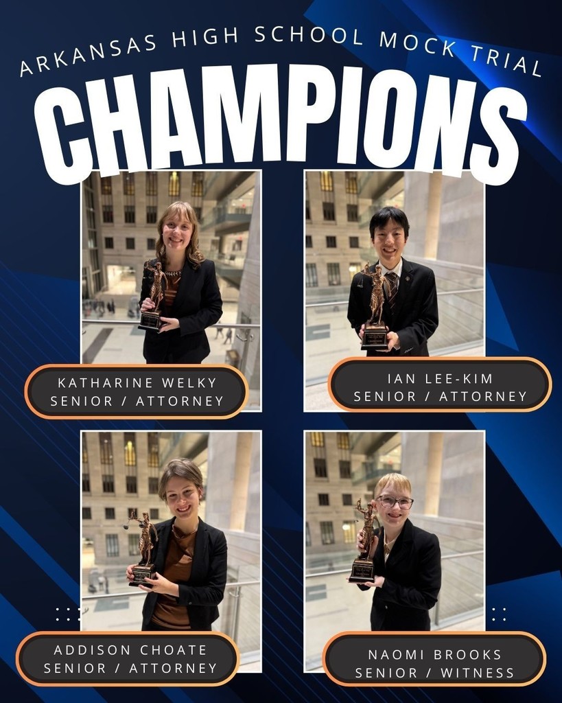 Congratulations to the Conway High School Mock Trial team for winning the 2026 Arkansas High School Mock Trial State Tournament!!! The tournament, sponsored by the Arkansas Bar Association, was held February 27-28, 2026, in Little Rock at the Richard Sheppard Arnold United States Courthouse. Mock trial is an academic and competitive simulation of a trial-level court proceeding, where students act as attorneys and witnesses to argue a fictional criminal or civil case. Teams analyze a provided case packet, develop legal theories, and follow simplified rules of evidence to compete in courtrooms.Twenty-one teams from across Arkansas gathered to try the civil case of Justice Miller v. Jace Talent Agency.   The team competed in four preliminary rounds against Parkview, Bentonville West, Des Arc, and then the final round against Little Rock Central High School. Conway was the only team to go undefeated, with no dropped ballots. The team also earned Star Attorney & Star Witness awards. Out of over 100 attorneys, the tournament awards the top 7 attorneys in the 4 prelim rounds. Katharine Welky and Addison Choate were named Star Attorneys. This is the 2nd year for Addison Choate to be named a Star Attorney. The tournament awards the top 5 witnesses, and Annabel Champlin and Naomi Brooks brought home 2 of the Star Witness Awards.   The CHS team will be the team to represent Arkansas at the National High School Mock Trial Championships in May. They will travel to Des Moines, IA, to compete against the top team from each state, along with South Korea, Guam, and Northern Mariana Islands.   All members of the CHS Mock Trial Team are members of the CHS Speech & Debate Team and are coached by Mrs. Casey Griffith. The team is also coached by volunteer attorney coach, Mr. Matt Brown.