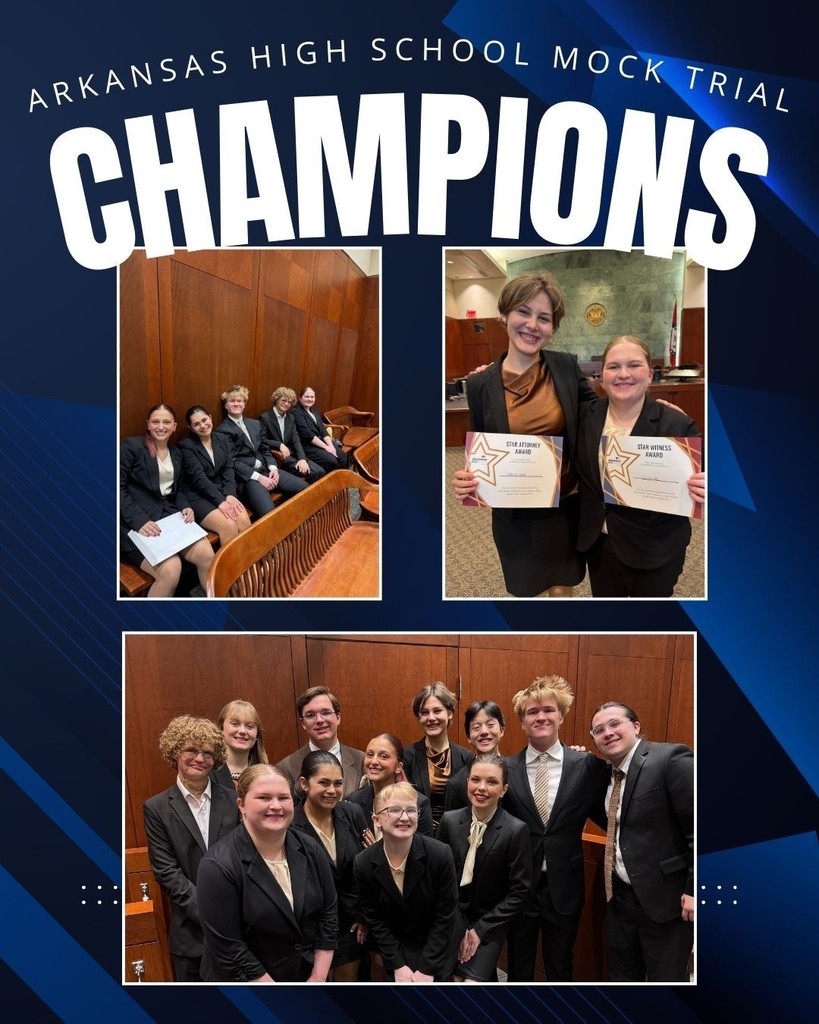 Congratulations to the Conway High School Mock Trial team for winning the 2026 Arkansas High School Mock Trial State Tournament!!! The tournament, sponsored by the Arkansas Bar Association, was held February 27-28, 2026, in Little Rock at the Richard Sheppard Arnold United States Courthouse. Mock trial is an academic and competitive simulation of a trial-level court proceeding, where students act as attorneys and witnesses to argue a fictional criminal or civil case. Teams analyze a provided case packet, develop legal theories, and follow simplified rules of evidence to compete in courtrooms.Twenty-one teams from across Arkansas gathered to try the civil case of Justice Miller v. Jace Talent Agency.   The team competed in four preliminary rounds against Parkview, Bentonville West, Des Arc, and then the final round against Little Rock Central High School. Conway was the only team to go undefeated, with no dropped ballots. The team also earned Star Attorney & Star Witness awards. Out of over 100 attorneys, the tournament awards the top 7 attorneys in the 4 prelim rounds. Katharine Welky and Addison Choate were named Star Attorneys. This is the 2nd year for Addison Choate to be named a Star Attorney. The tournament awards the top 5 witnesses, and Annabel Champlin and Naomi Brooks brought home 2 of the Star Witness Awards.   The CHS team will be the team to represent Arkansas at the National High School Mock Trial Championships in May. They will travel to Des Moines, IA, to compete against the top team from each state, along with South Korea, Guam, and Northern Mariana Islands.   All members of the CHS Mock Trial Team are members of the CHS Speech & Debate Team and are coached by Mrs. Casey Griffith. The team is also coached by volunteer attorney coach, Mr. Matt Brown.