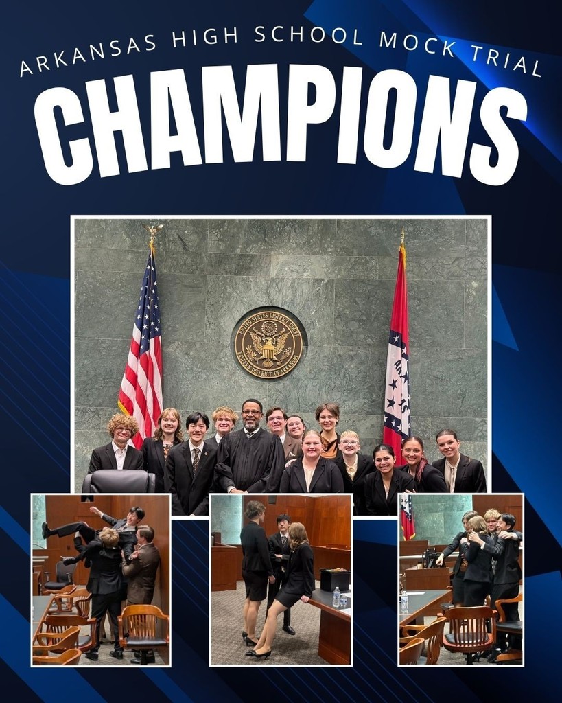 Congratulations to the Conway High School Mock Trial team for winning the 2026 Arkansas High School Mock Trial State Tournament!!! The tournament, sponsored by the Arkansas Bar Association, was held February 27-28, 2026, in Little Rock at the Richard Sheppard Arnold United States Courthouse. Mock trial is an academic and competitive simulation of a trial-level court proceeding, where students act as attorneys and witnesses to argue a fictional criminal or civil case. Teams analyze a provided case packet, develop legal theories, and follow simplified rules of evidence to compete in courtrooms.Twenty-one teams from across Arkansas gathered to try the civil case of Justice Miller v. Jace Talent Agency.   The team competed in four preliminary rounds against Parkview, Bentonville West, Des Arc, and then the final round against Little Rock Central High School. Conway was the only team to go undefeated, with no dropped ballots. The team also earned Star Attorney & Star Witness awards. Out of over 100 attorneys, the tournament awards the top 7 attorneys in the 4 prelim rounds. Katharine Welky and Addison Choate were named Star Attorneys. This is the 2nd year for Addison Choate to be named a Star Attorney. The tournament awards the top 5 witnesses, and Annabel Champlin and Naomi Brooks brought home 2 of the Star Witness Awards.   The CHS team will be the team to represent Arkansas at the National High School Mock Trial Championships in May. They will travel to Des Moines, IA, to compete against the top team from each state, along with South Korea, Guam, and Northern Mariana Islands.   All members of the CHS Mock Trial Team are members of the CHS Speech & Debate Team and are coached by Mrs. Casey Griffith. The team is also coached by volunteer attorney coach, Mr. Matt Brown.