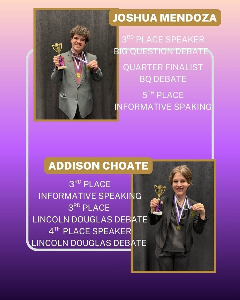 Congratulations to the CHS Speech & Debate team for their success at the Fayetteville High School Speech & Debate Tournament held March 6-7, 2026. Together, they brought home 18individual awards and 10 state tournament bids. The team is coached by Mrs. Casey Griffith.   Competing were: SENIORS: Addison Choate, Dylan Mercer, Joshua Mendoza, Wren Welky, Jessie Smith, Bobby Batson, Ian Lee-Kim, Newton Nganga, and Will Schlientz  JUNIORS: Amelia Garrett, Dylan Simmons, Landon Wharton, Luci Guiterrez, Madison Davenport, Milina Michel, Sydney Madsen, Zuriel Palma, Brooke Simpson, Naudia Wright, Seth Chesshir,   SOPHOMORES: Ronald Weaver, Zenna Dean
