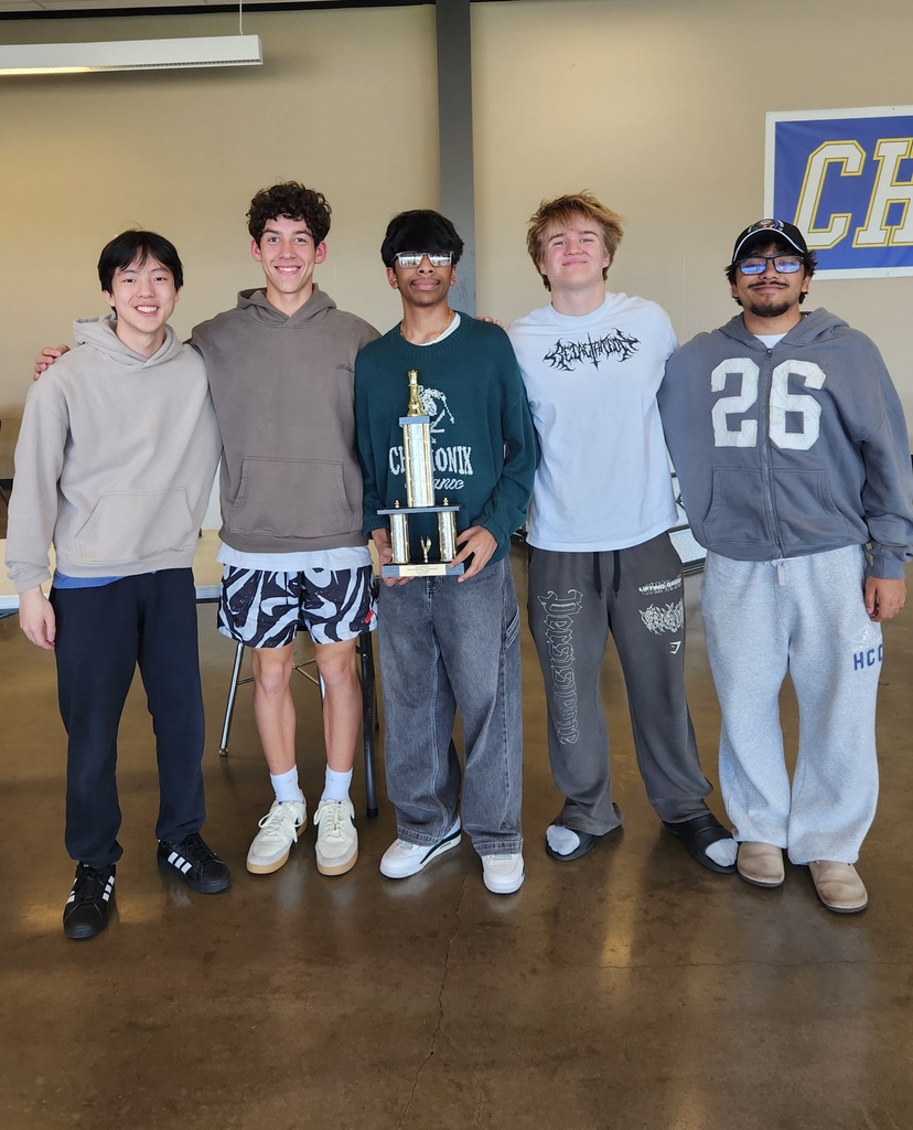 5 of the 6 members of the CHS Chess team pose with 2nd place trophy.  
