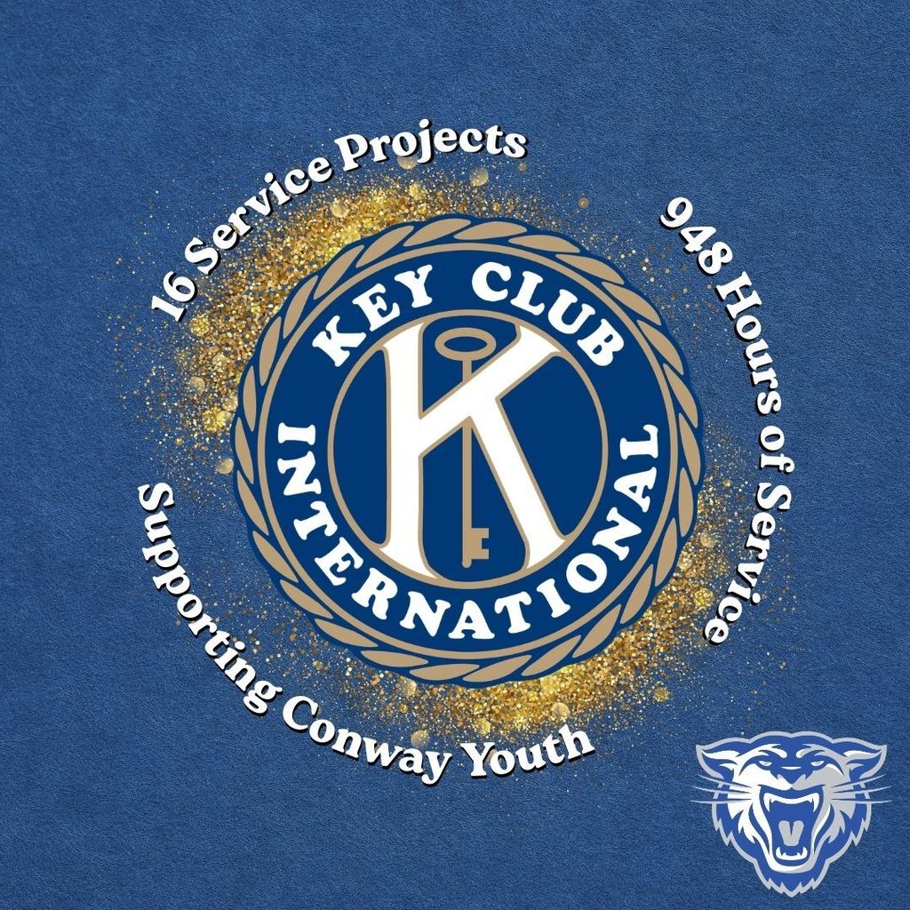 Blue background with gold accents.  Key Club International seal in the center.  Wampus cat head in the bottom right.  The phrases "16 service projects", "948 hours of service" and "supporting conway youth" encircle the seal.