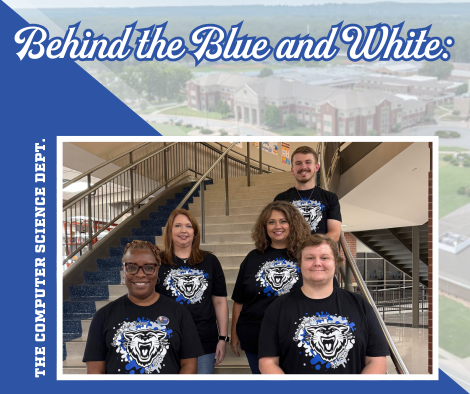 Computer Science teachers grouped on a staircase.  Image of the CHS campus in background behind the picture of the teachers.  