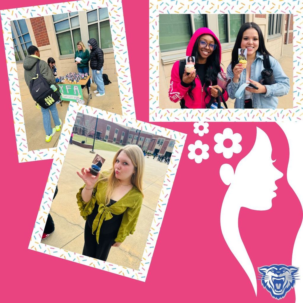 Members and sponsors of the Young Feminists Alliance sell cupcakes in honor of Women's History  Month and to support a mother-to-be in need.  Other images show students displaying their cupcake.
