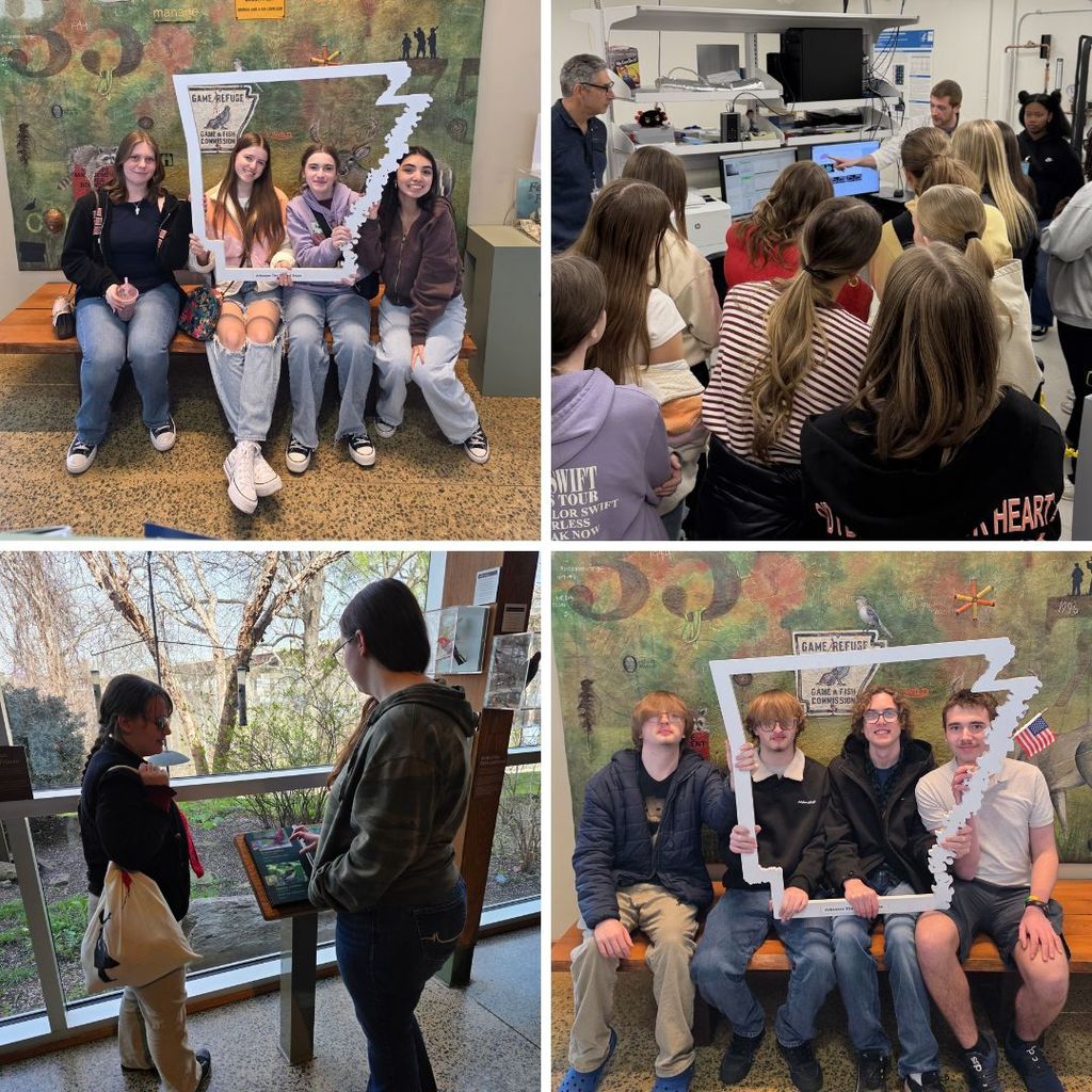 Group of students posing with a cutout of the state of arkansas in the top left and bottom right.  A group of students listening to an explanation of equipment in the top right.  Pair of students studying an informational board in the bottom left.