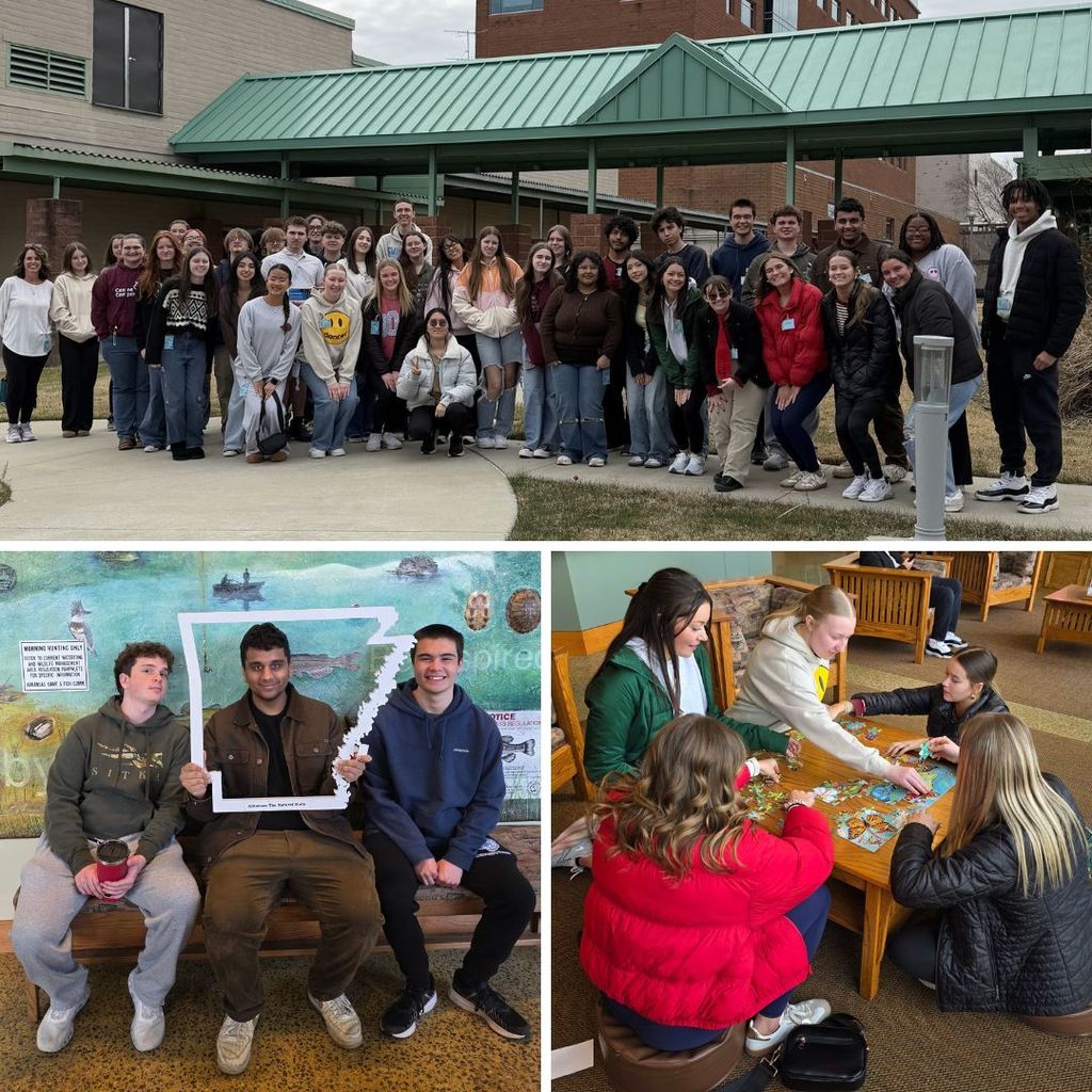 Group photo of students at the top.  Small group of students posing with a cutout of Arkansas in the bottom left.  Small group of student completing a puzzle in the bottom right.