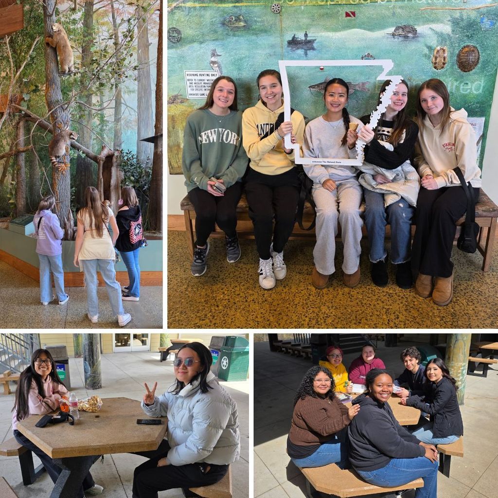 A small group of students studying an exhibit with a taxidermy bear in a tree in the top left.  Group of students posing with a cutout of the state of arkansas in the top right.  Students enjoying lunch along the bottom. 