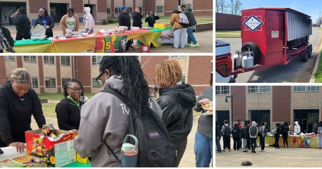 Top left: Courtyard BBQ table with BSU members around it.  Top right: Centennial Bank grill.  Bottom left: Students purchasing food from the Courtyard BBQ table.  Bottom right: Line of students around the BSU Courtyard BBQ table.