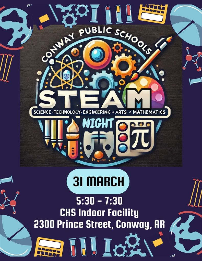 🚀 Get Ready for CPSD STEAM Night! 📅 March 31 | 🕕 5:30–7:30 PM | 📍 Conway High School Indoor Facility Join us for hands-on fun in Science, Technology, Engineering, Arts, and Math! See a helicopter, hot air balloon, live art demos, BIG machines, animal ambassadors 🦎, first responders 🚔, and more. Meet engineers, college reps, CPSD teachers, and Uca the life-size blue whale 🐋. K–7 students must be accompanied by a parent or guardian to attend. Don’t miss this unforgettable night of STEAM excitement for the whole family! 🌟