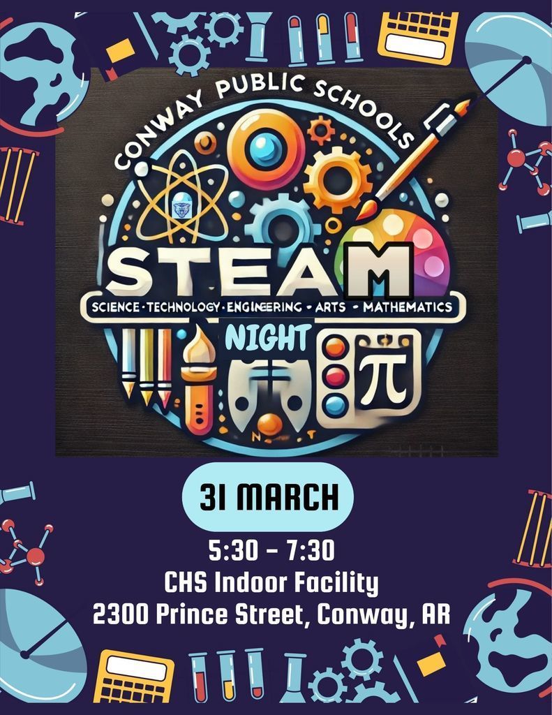 🚀 Get Ready for CPSD STEAM Night! 📅 March 31 | 🕕 5:30–7:30 PM | 📍 Conway High School Indoor Facility Join us for hands-on fun in Science, Technology, Engineering, Arts, and Math! See a helicopter, hot air balloon, live art demos, BIG machines, animal ambassadors 🦎, first responders 🚔, and more. Meet engineers, college reps, CPSD teachers, and Uca the life-size blue whale 🐋. K–7 students must be accompanied by a parent or guardian to attend. Don’t miss this unforgettable night of STEAM excitement for the whole family! 🌟