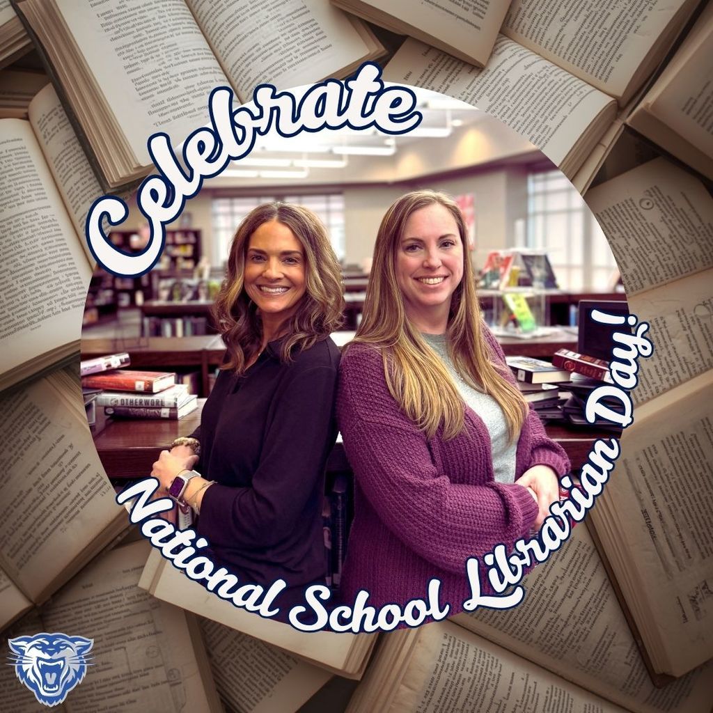 scattered, open books in the background. Circular image frame of CHS librarians. Text around circle: Celebrate National School Librarian Day!"