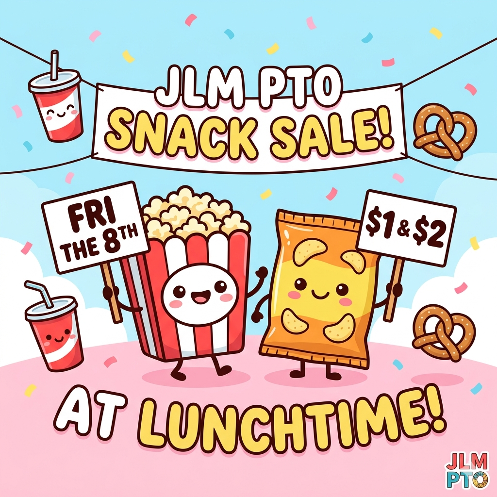 JLM PTO snack sale this Friday the 8th at lunchtime $1 or $2 snacks