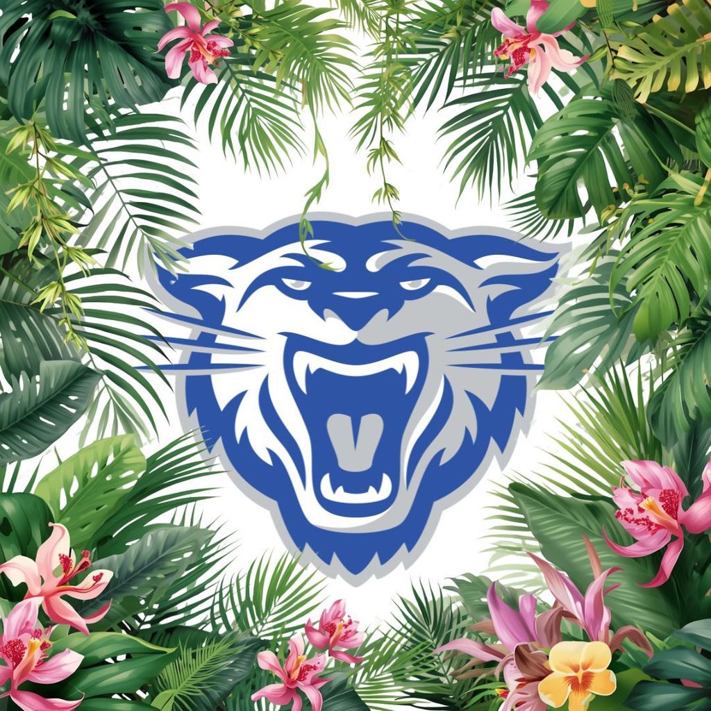 Tropical foliage and blooms surrounding the Wampus Cat mascot head