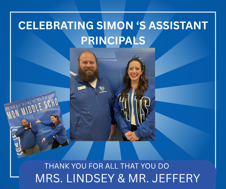 Celebrating Simon's Assistant Principals Mrs. Lindsey and Mr. Jeffery.  Serious pose and a funny pose spotlighting Mr. Jeffery.