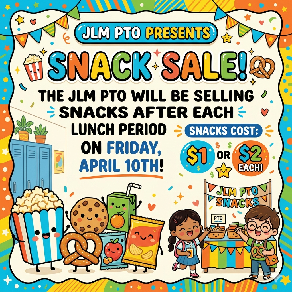 Treat yourself to something sweet (or salty!) and support the JLM PTO at our snack sale this Friday, April 10th. Most snacks are just $1 or $2, and we'll be open after each lunch period, so bring your appetite and your dollar bills!