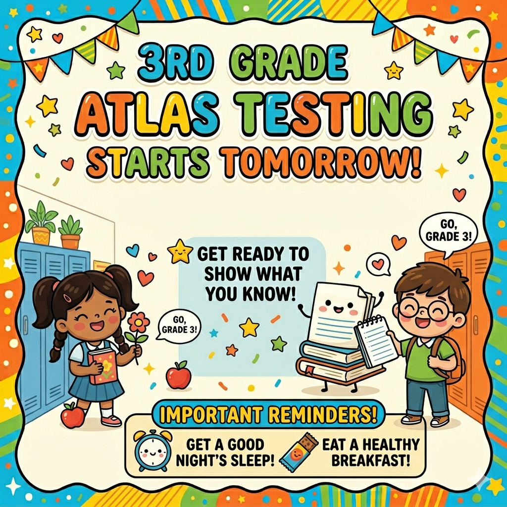 3rd Grade, it’s almost time to show what you know! 🎉 Make sure to get a good night’s rest and eat a healthy breakfast so you’re ready to shine. You’ve got this! 🌟 #3rdGradeStrong #ReadySetGo #TestingTomorrow