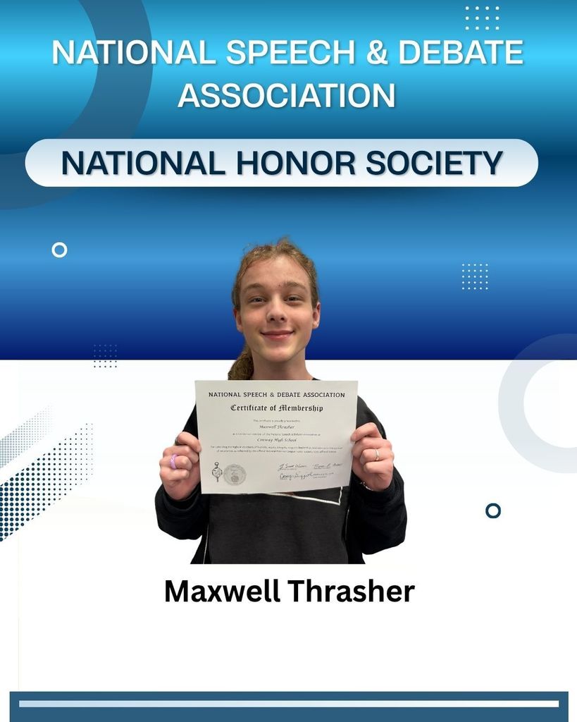 Congratulations to CHS Sophomore Maxwell Thrasher for earning membership in the National Speech & Debate Association's National Honor Society!  Thrasher is a member of the CHS Speech & Debate Team and competes in Prose Interpretation and Duet Improv. 