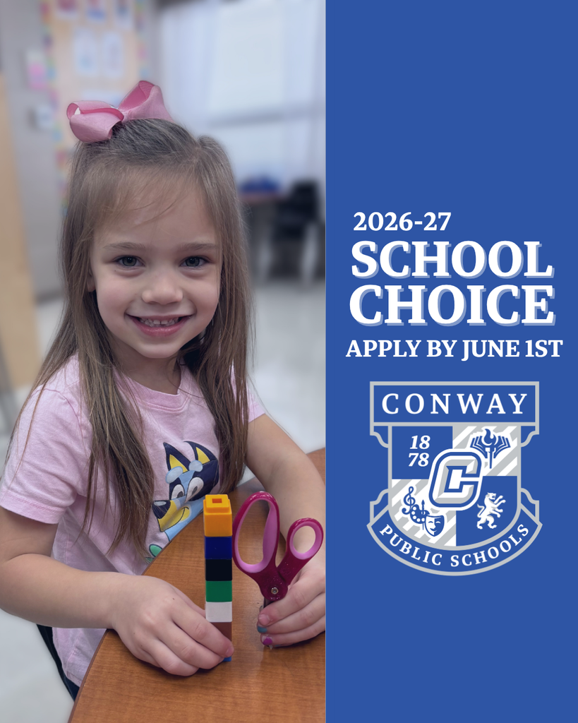 26-27 School Choice, apply by June 1. Smiling girl student with school supplies pictured. 