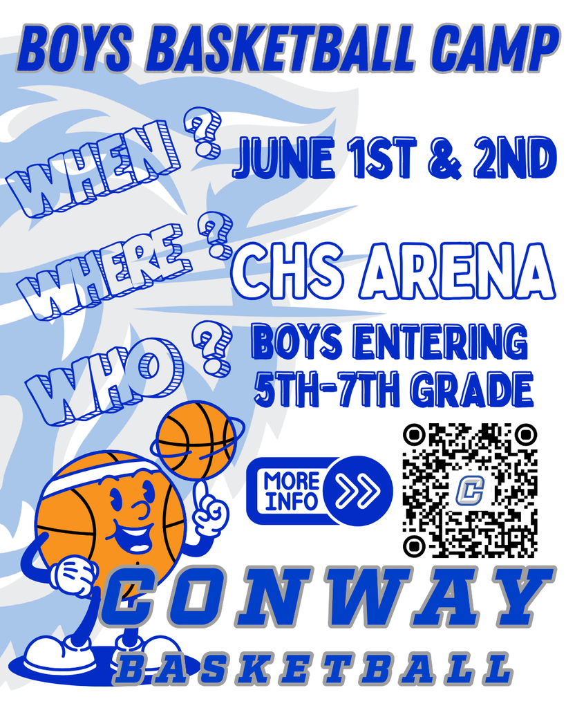 🏀 Boys Basketball Camp is Coming to Conway! 🏀 Looking for a fun, high-energy way to kick off summer? This camp is the perfect place for boys to build skills, make friends, and have a blast on the court! 📅 When: June 1st & 2nd 📍 Where: CHS Arena 👦 Who: Boys entering 5th–7th grade Two days of drills, games, and fundamentals led by the Conway Wampus Cats Basketball program! Scan the QR code on the graphic for registration and details, or click the More Info button to get signed up. Let’s get those future Wampus Cats in the gym! 💙🐾