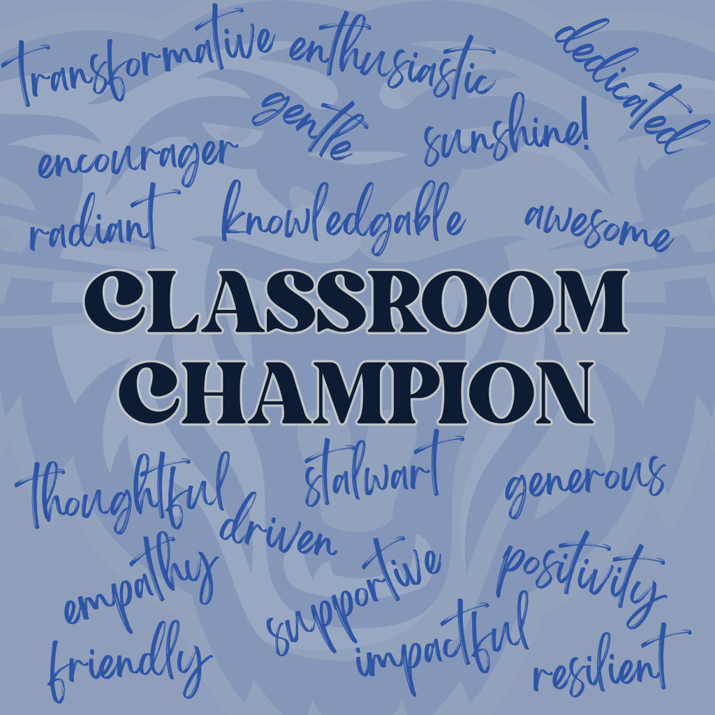 Classroom champion with descriptor words all around it