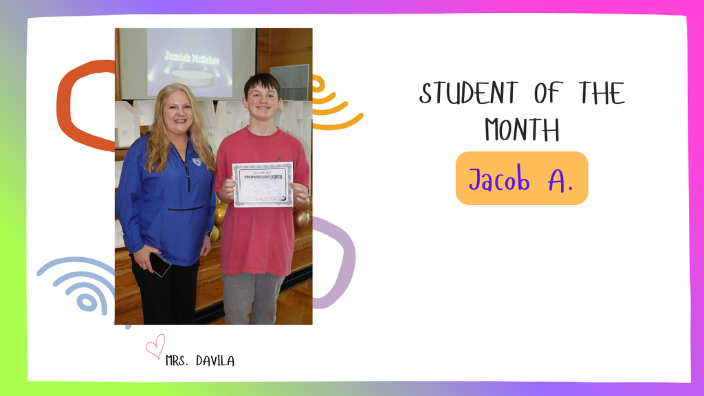 Jacob A. Simon's April Student of the month smiling with his certificate. Posing with Mrs. Davila