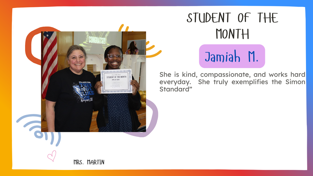 Jamiah M Simon's April Student of the month smiling with her certificate. Posing with Ms. Martin