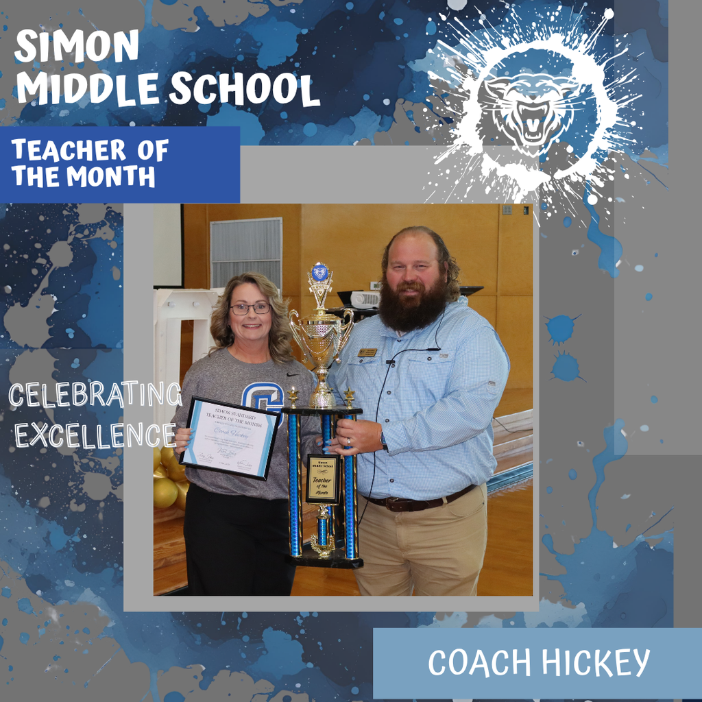 Coach HIckey April Teacher of the month smiling with her trophy being presented to her by Mr. Jeffery.