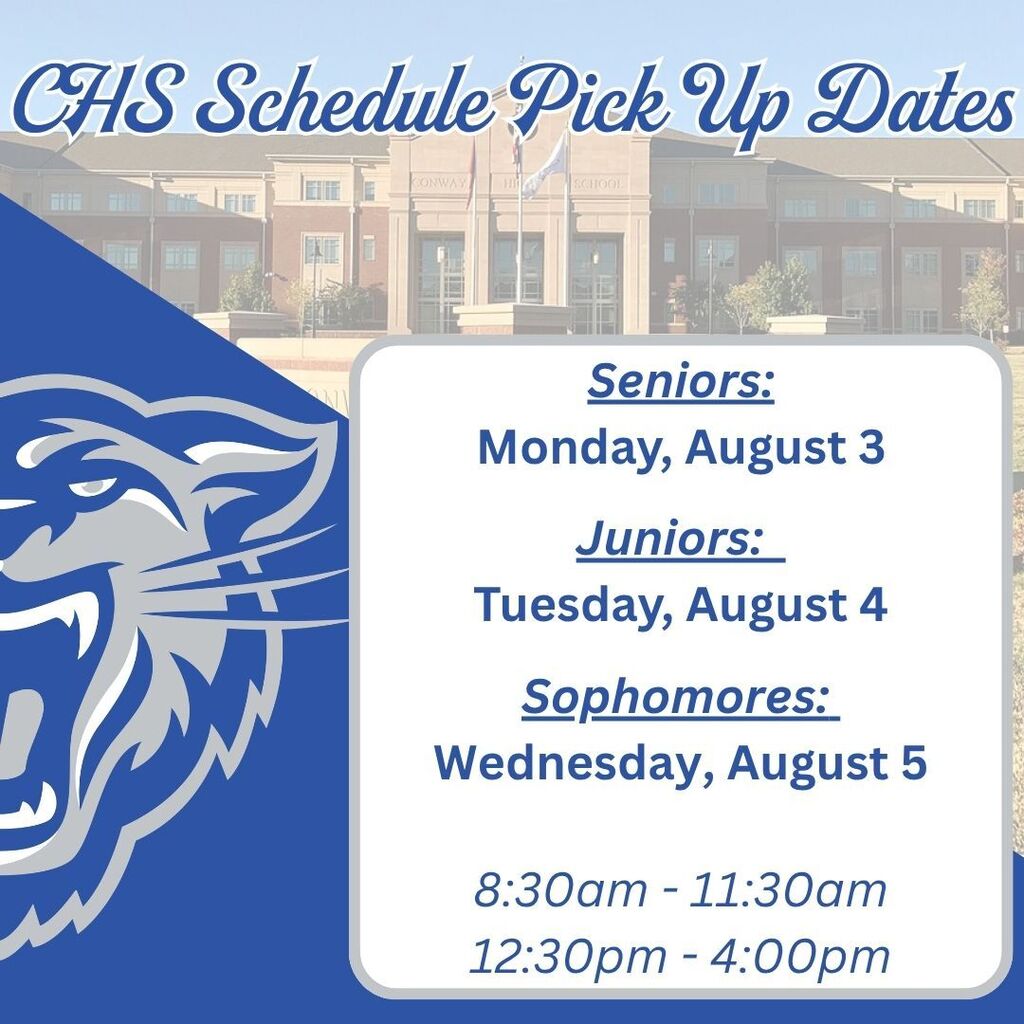 faded image of the main building. Wampus cat head to the left. dates and times for schedule pick up in a white box.