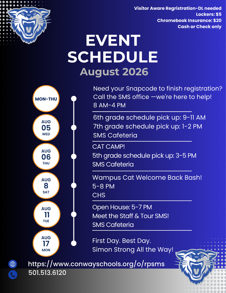 SMS Families...Don't miss out on our upcoming events! Need your Snapcode to finish registration? Call the SMS office —we're here to help! 8 AM-4 PM, Monday- Thursday Aug. 5th: 6th grade schedule pick up: 9-11 AM & 7th grade schedule pick up: 1-2 PM, SMS Cafeteria Aug. 6th: CAT CAMP! 5th grade schedule pick up: 3-5 PM, SMS Cafeteria Aug. 8th: Wampus Cat Welcome Back Bash! 5-8 PM, CHS Aug. 11th: Open House: Meet the staff & tour SMS! 5-7 PM, SMS Cafeteria Aug. 17th: First Day. Best Day. Simon Strong All the Way! Parents you may purchase the following at schedule pick ups and Open House: Lockers-$5 & Chromebook Insurance-$20. One last thing...Complete your Visitor Aware Registration now to make school check-in and check-out quick and easy. A valid driver's license (DL) is required to register.