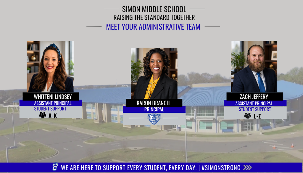 Meet Your Simon Middle School Administrative Team! 💙🐾 At Simon Middle School, every student has a dedicated administrator to support their success. 📚 Mrs. Whitteni Lindsey serves students with last names A–K. 📚 Mr. Zach Jeffery serves students with last names L–Z. Together, our administrative team is committed to creating a safe, supportive, and engaging learning environment where every student can thrive. We are here to support every student, every day. #SimonStrong 💙🐾