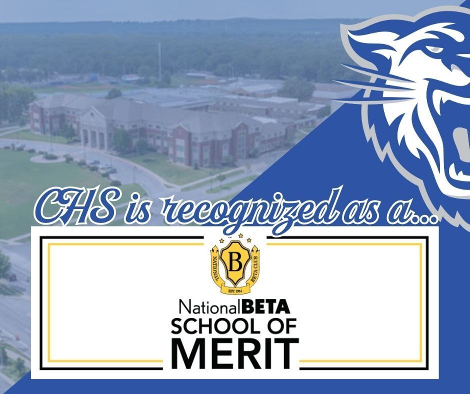 distant view of CHS campus in the top right. Wampus cat head on the left side. CHS is recognized as a... National BETA school of Merit.
