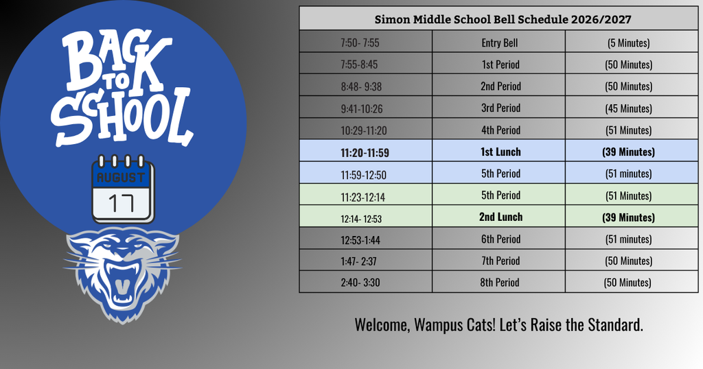 7:50- 7:55 Entry Bell (5 Minutes) 7:55-8:45 1st Period (50 Minutes) 8:48- 9:38 2nd Period (50 Minutes) 9:41-10:26 3rd Period (45 Minutes) 10:29-11:20 4th Period (51 Minutes) 11:20-11:59 1st Lunch (39 Minutes) 11:59-12:50 5th Period (51 minutes) 11:23-12:14 5th Period (51 Minutes) 12:14- 12:53 2nd Lunch (39 Minutes) 12:53-1:44 6th Period (51 minutes) 1:47- 2:37 7th Period (50 Minutes) 2:40- 3:30 8th Period (50 Minutes)