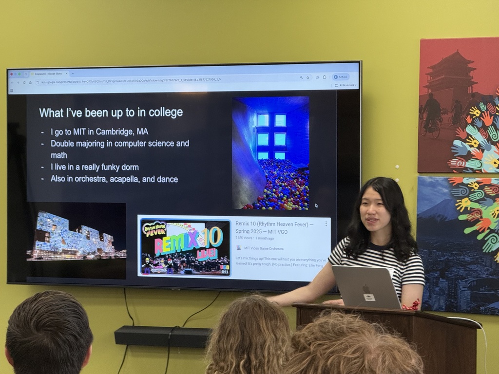 Ellie Feng speaking with students.