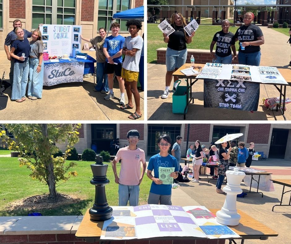 Student Council top left, Chi Sigma Chi step team (top right), Chess club (bottom center)
