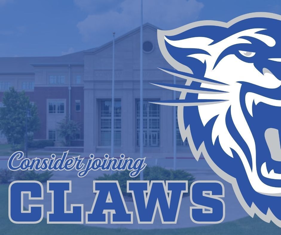 Image of CHS main building in background. Wampus cat head on the right. "Consider joining CLAWS" in the bottom left.
