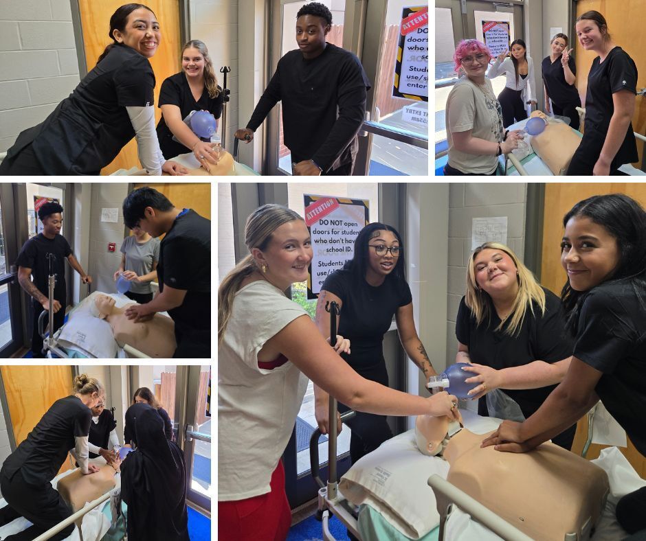 Students practicing life saving skills in Patient Care Technician class.