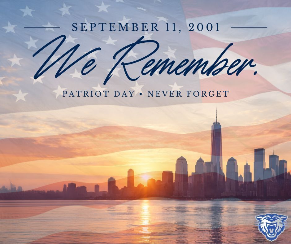 Image of New York skyline and harbor with an American flag in the background. September 11, 2001 We Remember Patriot Day - Never Forget