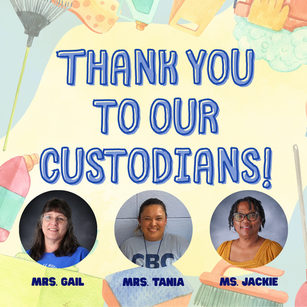 Appreciation graphic for school custodians set against a light yellow pastel background decorated with watercolor illustrations of cleaning supplies, including a rake, gloves, sponges, and brushes. Large blue outlined text at the top reads "THANK YOU TO OUR CUSTODIANS!" Below the title are three circular portrait photos of staff members: Mrs. Gail on the left wearing a blue shirt, Mrs. Tania in the center wearing a gray shirt, and Ms. Jackie on the right wearing a mustard yellow top and glasses. Their names are printed in bold blue text beneath each photo.