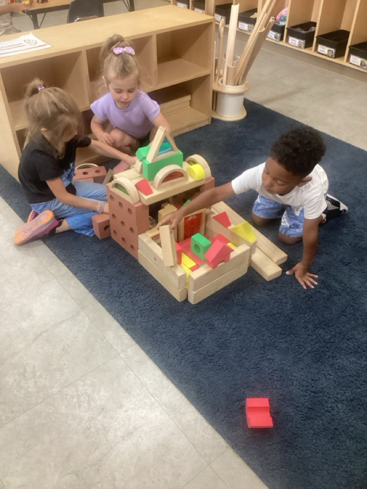 children collaboratively building a large structure using a variety of blocks