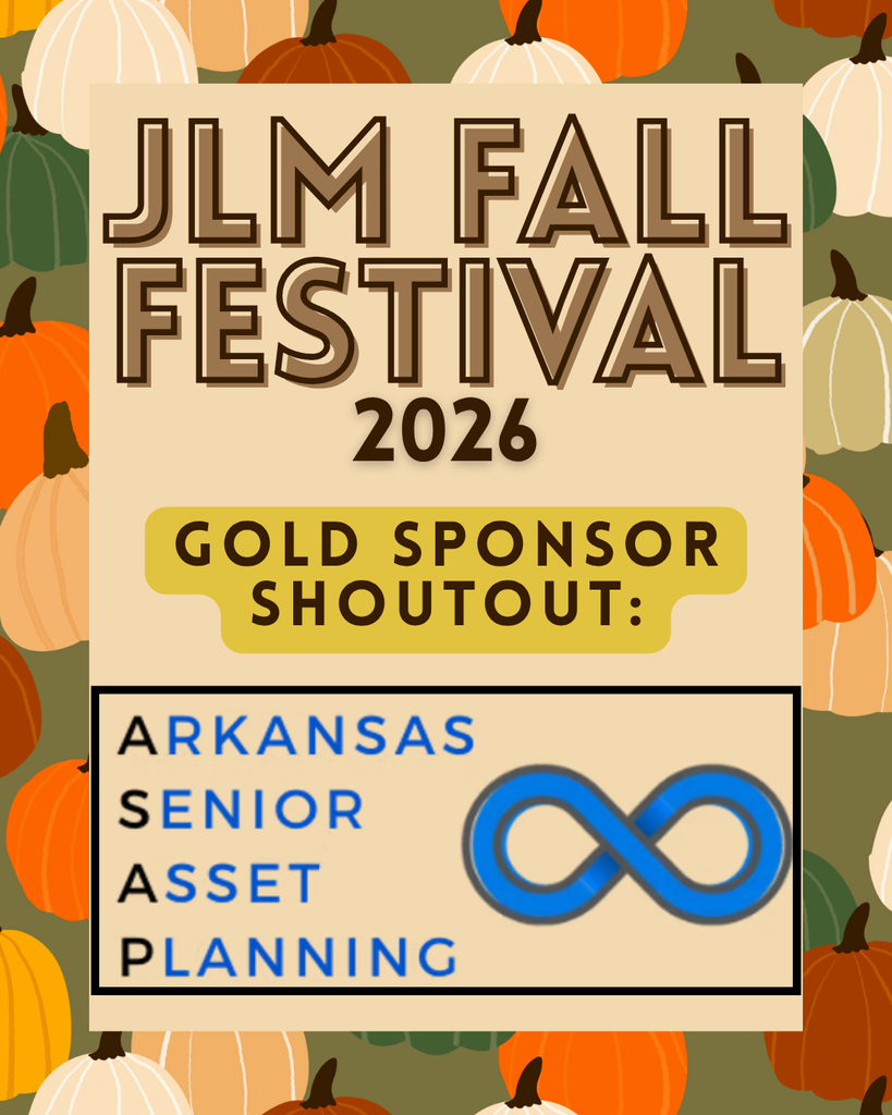 A promotional flyer for the JLM Fall Festival 2026 set against an olive-green background filled with orange, light yellow, green, and cream pumpkins. Centered in a cream box, bold text reads "JLM FALL FESTIVAL 2026" above a yellow banner reading "GOLD SPONSOR SHOUTOUT:". Below, a black rectangular box highlights the sponsor text "ARKANSAS SENIOR ASSET PLANNING" in blue next to a blue infinity symbol logo.