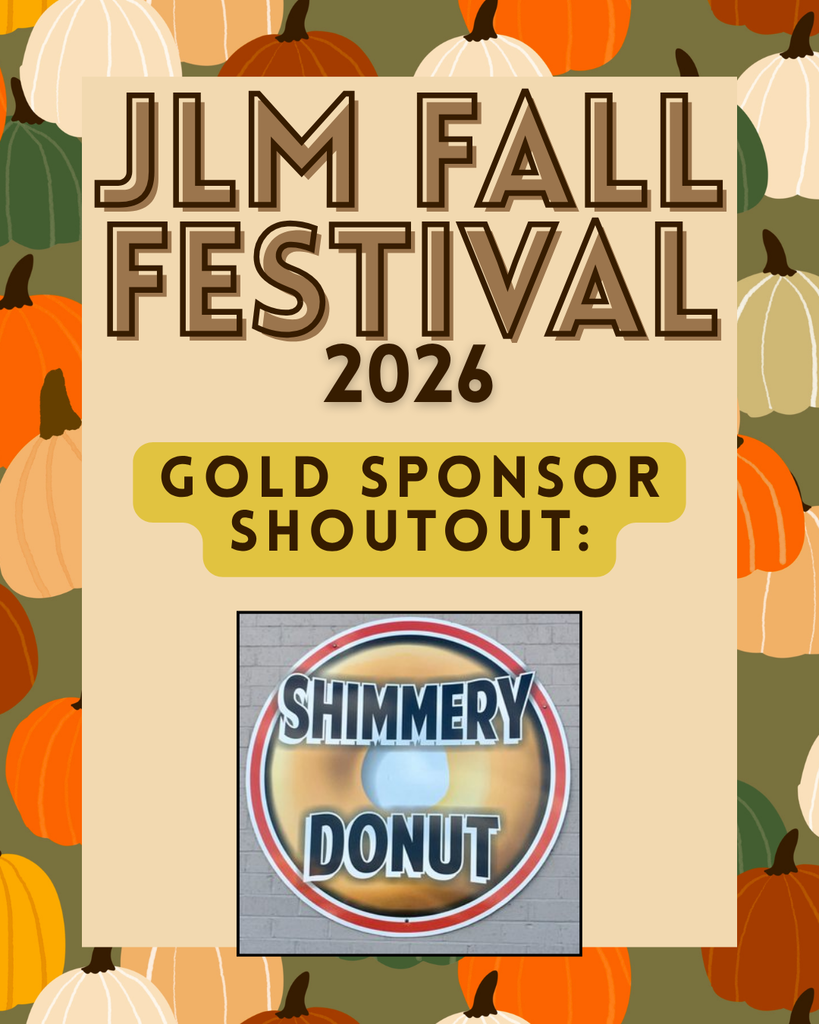 A promotional graphic for the JLM Fall Festival 2026 set against an olive-green border pattern of colorful pumpkins. A central beige card displays bold brown text reading "JLM FALL FESTIVAL 2026" above a gold banner with "GOLD SPONSOR SHOUTOUT:". Below the banner, a circular logo framed in red and white shows a donut shape with the text "SHIMMERY DONUT" written across it.
